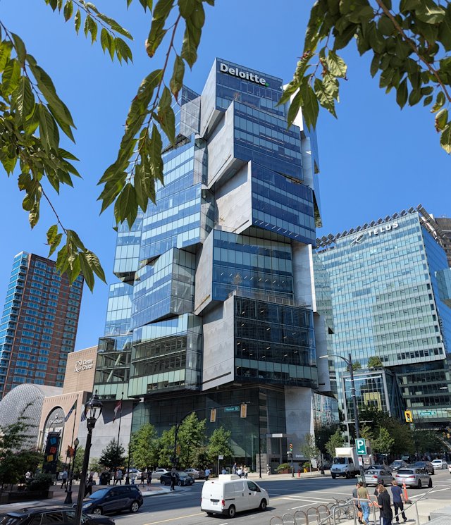 A building with cube-like protrusions offset at angles