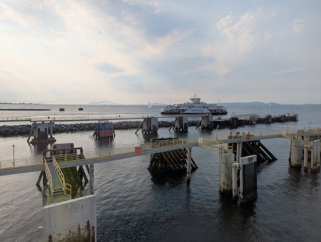 view of piers from the deck of the ferry
