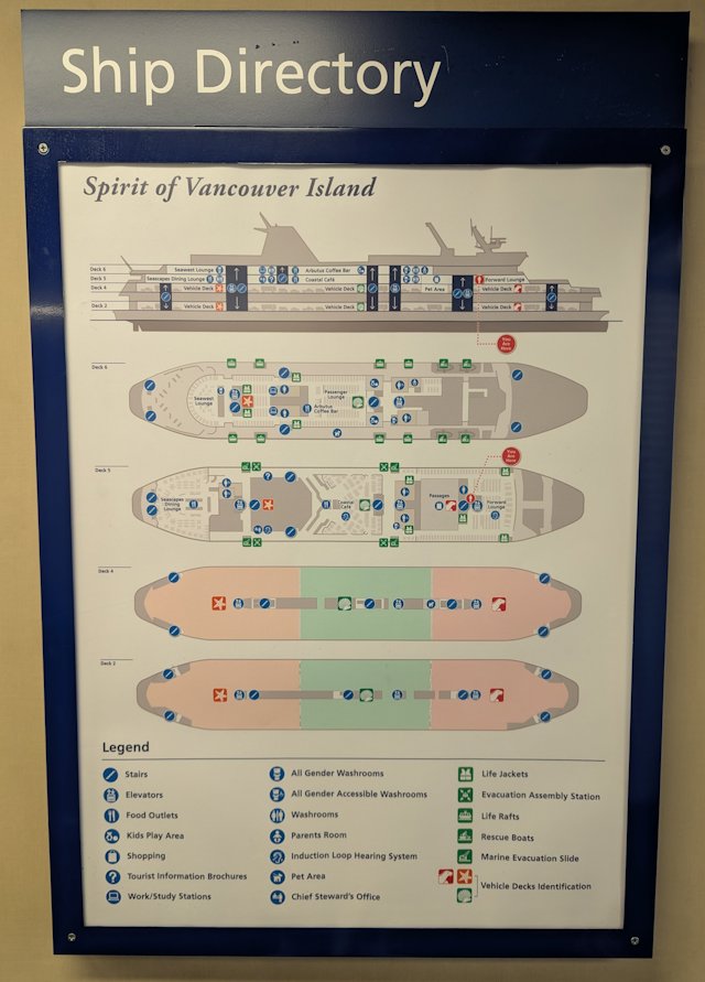 ship directory for the Spire of Vancouver Island showing plan of each deck