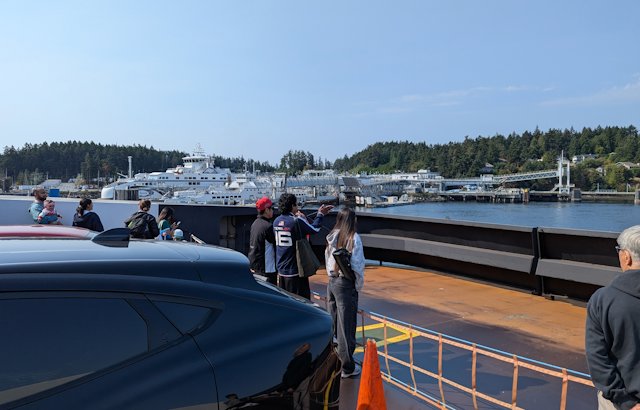 view of Swartz Bay terminal from the end of the car deck