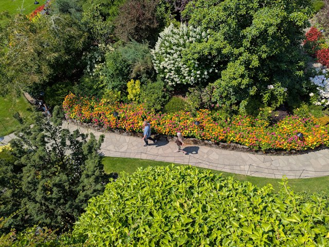 looking down on a path from center rock in the sunken gardens