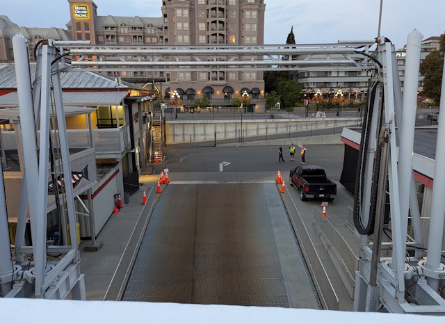 the boarding ramp where cars drove onto the ferry as seen from the deck
