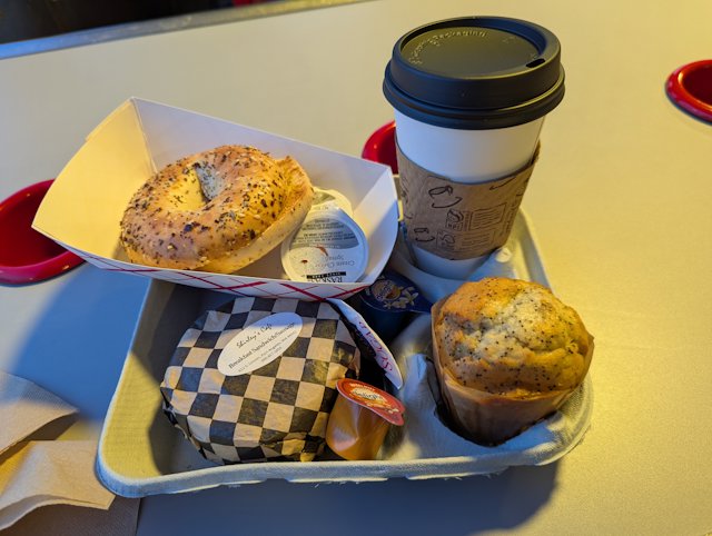 bagel muffin breakfast sandwich and coffee